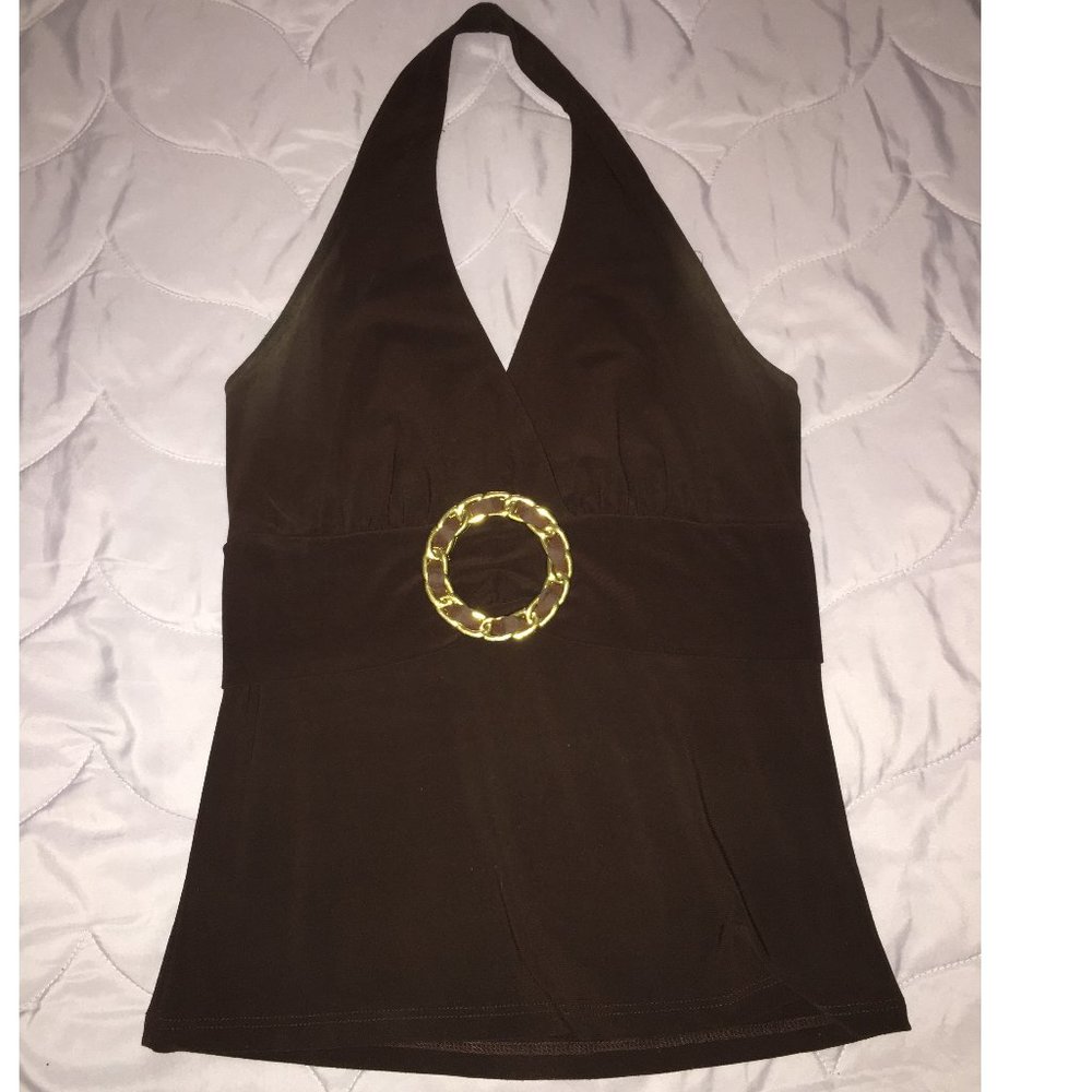 Brown Halter Tank Top with Gold Circle Loop